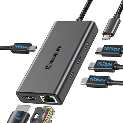 Minisopuru USB C Hub 4K60Hz HDMI 10Gbps USB Type-C to Multi USB 3.2 Ports RJ45 PD 100W Adapter for