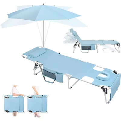 Tanning Chair, Lounge Chair with UPF 50+ 360° Adjustable Large Umbrella, Heavy Duty Folding Tanning