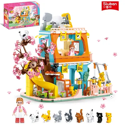 521PCS Cute Cat House Building Blocks Slide Cherry Tree Building Model Bricks Set With Mini Dolls