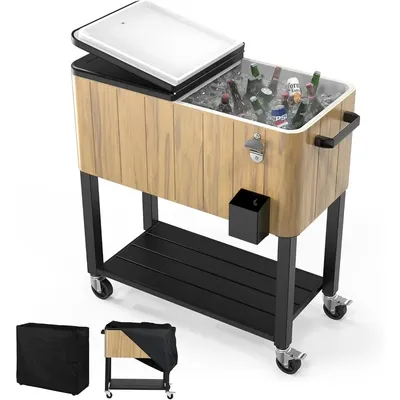 80 Quart Party Ice Cooler Table with Wheels and Waterproof Coolers Cart Cover, Rolling Ice Cooler
