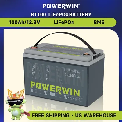 POWERWIN BT100 LiFePO4 Battery 12.8V 100Ah 1280Wh Built-in BMS Fish Radar Detector Solar Power