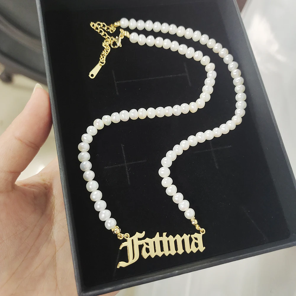 Stainless steel Pearl Pendant Letters Necklace Custom Name Necklaces Old English Personalized Name Necklace Woman And Child Gift