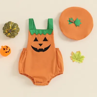 2024-05-16 Lioraitiin Baby Girl Summer Jumpsuit Casual Halloween Pumpkin Print Sleeveless Romper and