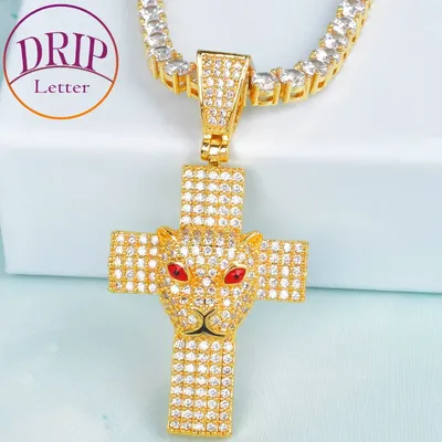 Iced Religious Cross With Lion Head Pendant Chain Charm Gold Color Cubic Zircon Necklace Men's Hip