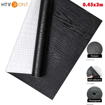 HTVRONT 0.45mX3m Black Wood Wallpaper Stick Black Countertop Contact Paper for Cabinets Removable