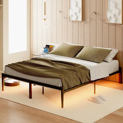 LIKIMIO Bed Frame with LED Lights & USB Charging Station, Full Size Metal Platform Bed Frame,