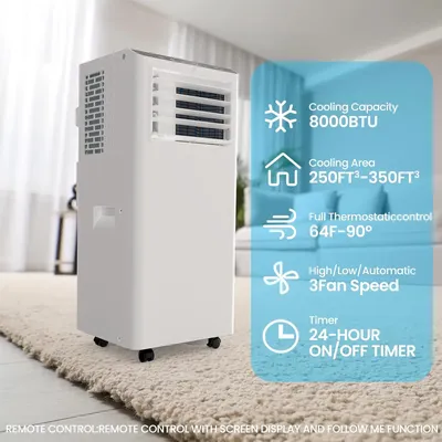 8500 BTU Portable Air Conditioner with LCD Display Remote Control,Cooling Up to 350 sq.ft.3 in 1 AC