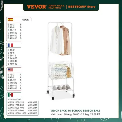 VEVOR Metal Rolling Laundry Basket with Hanging Garment Rack Height Adjustment Laundry Hamper Cart