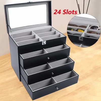 4 Layer Sunglasses Display Case, PU Leather Eyeglass Storage Box Lockable 24Grid