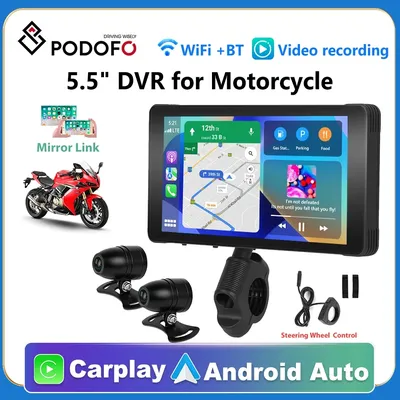 Podofo 5.5" Motorcycle Wireless Carplay Android Auto Portable DVR Screen IPX7 Waterproof Display