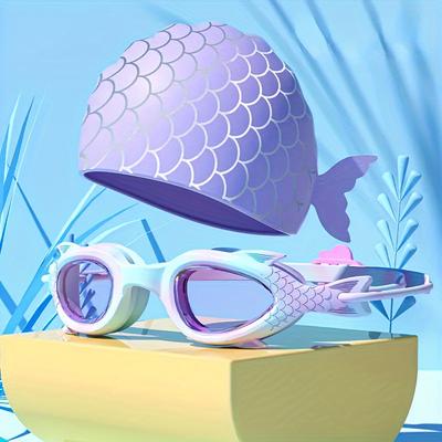 TEMU ' Mermaid-themed Swim Goggles & Silicone Set - , Adjustable Strap, Leakproof For , Professional Water Sports Gear With Cartoon Design