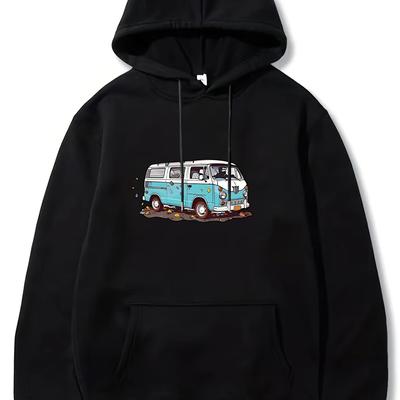 TEMU Vintage Rusted Bus Print Men's Drawstring Hoodie With Kangaroo Pocket, Versatile Regular Fit Top For Daily Wear, Best Fall & Winter Choice