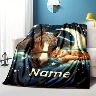 TEMU Personalized Animal-themed Flannel Blanket With Custom Name - Soft, For Couch, Bed, Picnic | Machine Washable | Perfect Gift For All , Christmas, Halloween Gifts, Best For Christmas Image