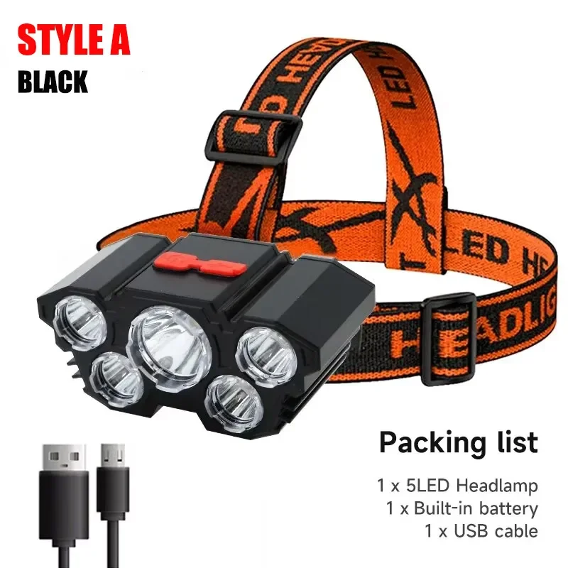 5-LED-Taschenlampe, wiederaufladbar, mit eingebauter Lithium-Batterie, starkes Kopflicht, Camping, Abenteuer, Angeln, Radfahren, Stirnlampe Image
