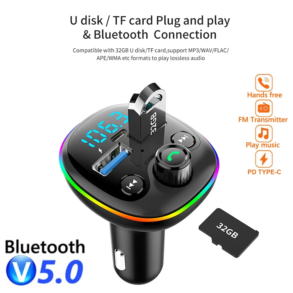 Bluetooth Auto Dual USB Schnellladegerät FM Sender PD Typ-C Auto Adapter Freisprecheinrichtung Radio Modulator MP3 Player Unterstützung TF Karte Image