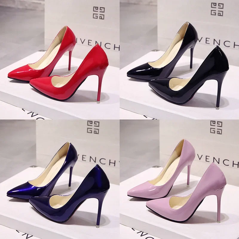 Neue einfarbige Pumps Frauen High Heel Schuhe weibliche Mode Lack leder sexy spitzen Zehen dünne Ferse Hochzeits schuhe Größe 44