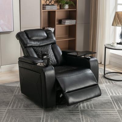 270° Swivel PU Home Theater Recliner with Tray Table, Phone Holder and Hidden Arm Storage