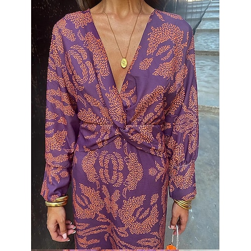 Damen Maxidress Vintage-Kleid Casual kleid Brautkleider schlicht Täglich Lockere Passform Graphic Langarm V Ausschnitt Rote Blau Purpur Grün Frühling Herbst Image