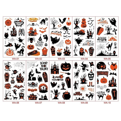 10 Blatt Halloween-Tattoo-Aufkleber, wasserfeste temporäre Halloween-Tattoos für Kinder, süße Kürbis-/Skelett-/Geister-Tattoos, Halloween-Partygeschenke für Kinder und Erwachsene Image