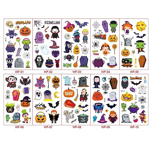 10 Blatt Halloween-Tattoo-Aufkleber, wasserfeste temporäre Halloween-Tattoos für Kinder, süße Kürbis-/Skelett-/Geister-Tattoos, Halloween-Partygeschenke für Kinder und Erwachsene Image