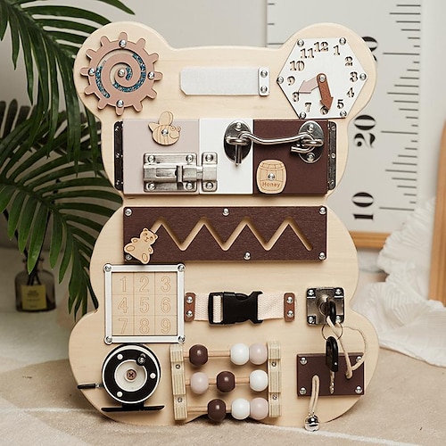 Montessori Lehrmittel Holz Doppelseitiges Bären Beschäftigungsbrett Montessori Zeichenbrett Mechanismus Entsperren Bildungsspielzeug Für den Schulbeginn Urlaubsgeschenke für Kinder Weihnachtsgeschenk Image