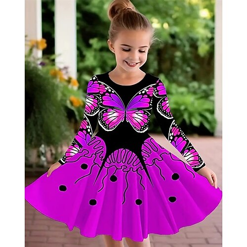Mädchen' 3D Graphic Schmetterling Kleid Langarm Sommer Frühling Urlaub Täglich Festtage Prinzessin Schön Süß kinderkleidung 4-12 Jahre Casual kleid A Linie Kleid Knielang Regular Fit Image