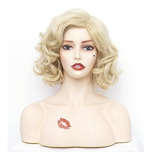 Kurze gewellte Perücke für Frauen lockige Haare natürliche synthetische Perücke Mittelscheitel Vollperücke geeignet für Cosplay Karneval Alltag Halloween Perücken Image