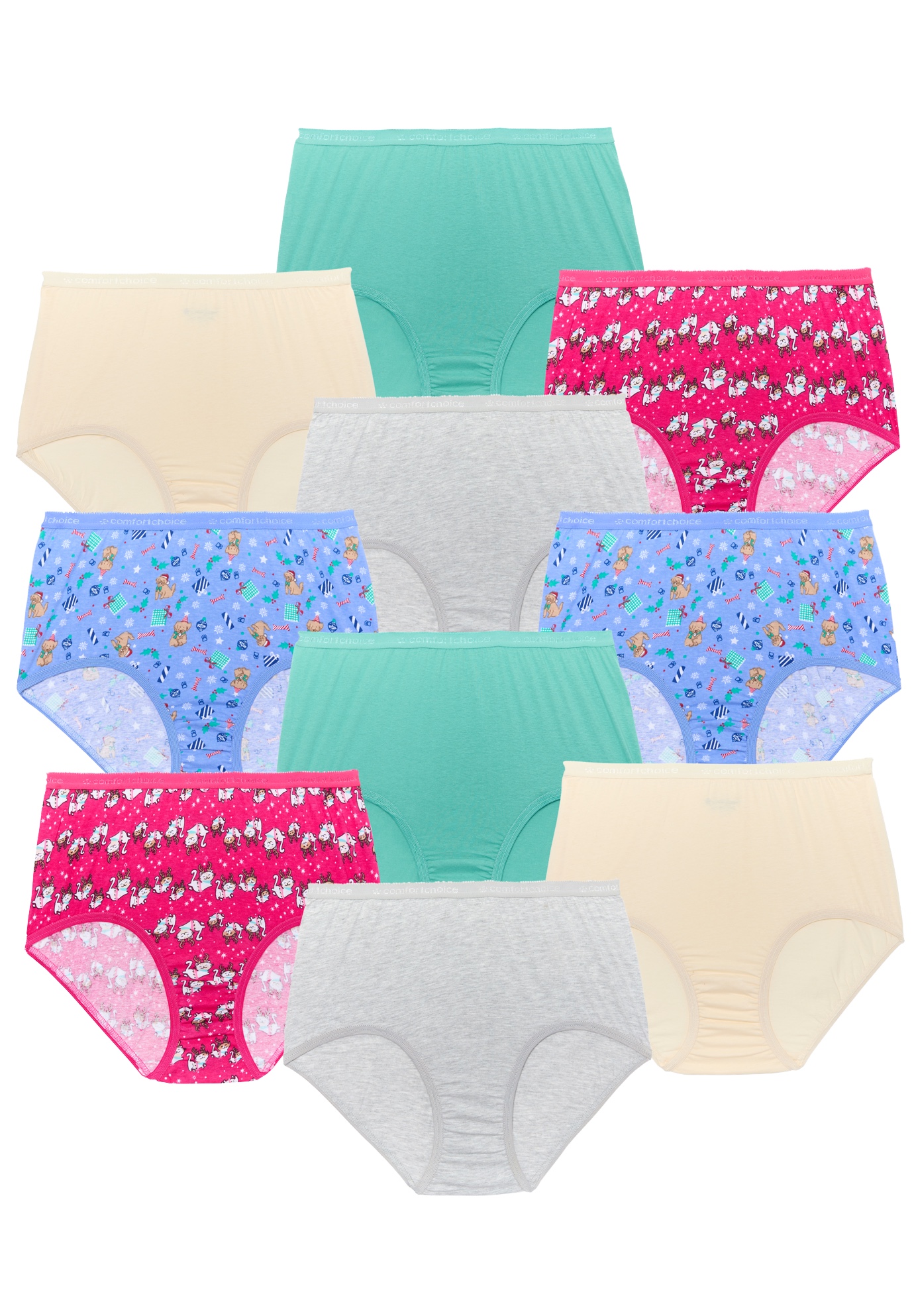 Plus Size Women's Full Coverage Cotton Brief 10-Pack by Comfort Choice in Holiday Pet Pack (Size 9)