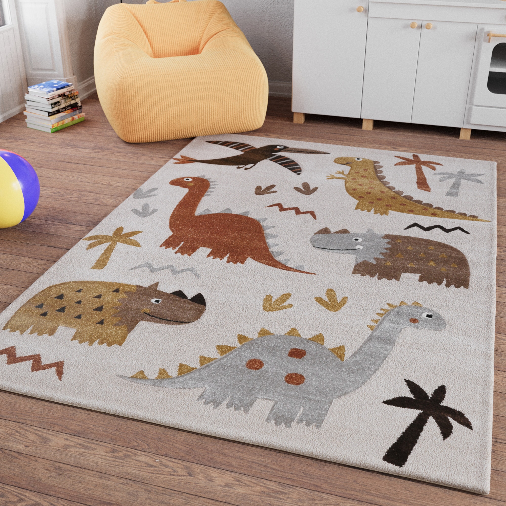 Kinderteppich SMART KIDS "T-Rex & Friends", beige (sand,beige,bunt), B:140cm H:10mm L:200cm, Polypropylen, Teppiche, Kinderteppich, Moderner Spielteppich, strapazierfähig, pflegeleicht, Konturenschnitt