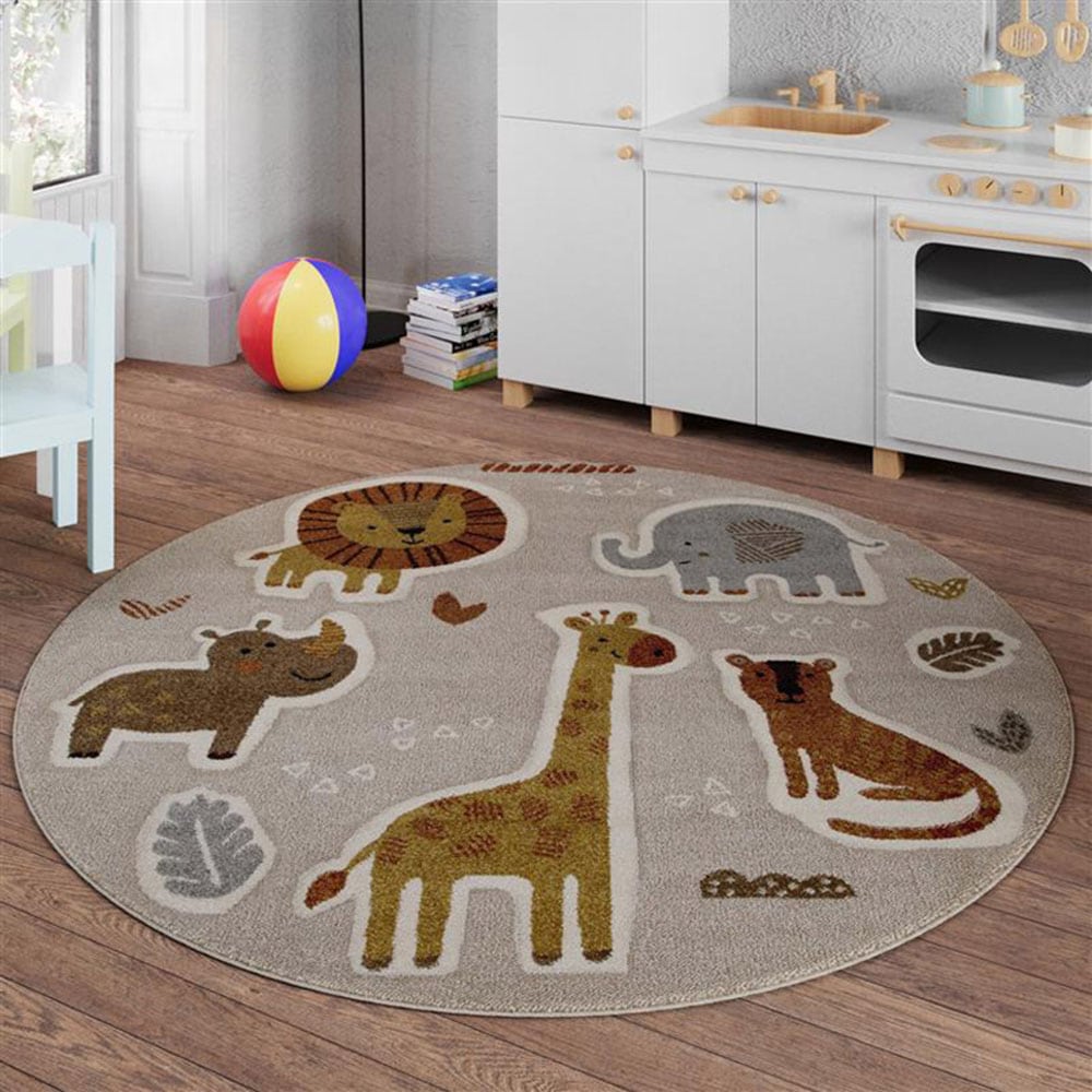 Kinderteppich SMART KIDS "Nala & Friends", beige (sand,beige,braun), H:10mm Ø:160cm, Polypropylen, Teppiche, Kinderteppich, Moderner Spielteppich, strapazierfähig, pflegeleicht, Konturenschnitt
