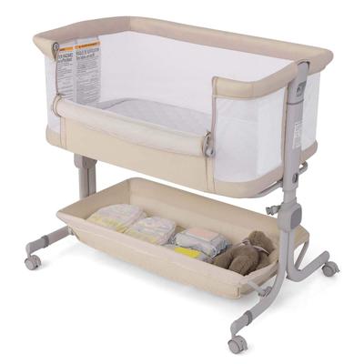 Bedside Crib w/ Adjustable Height Bassinet w/ Storage Shelf & Wheels