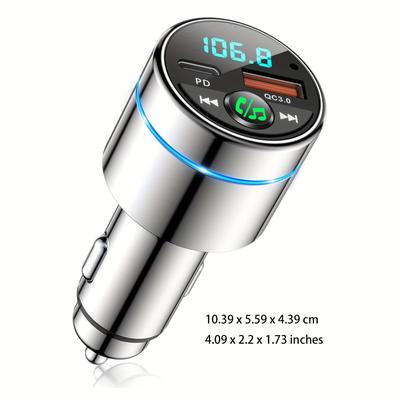 TEMU Fm Transmitter For Car, Bt 5.3, , 30w Pd & 18w Qc3.0 Fast Car Charger, Wireless Fm Radio, Bt Car Adapter, Noise Cancelling Hands-free Call, Blue Light, Silver