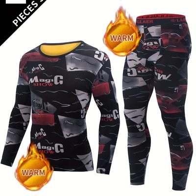 TEMU 2 Pcs Men's Vintage Letter Print Thermal Base Layer Set - Moisture-wicking & Breathable Basic Long Sleeve & Leggings - Perfect For Running And Fitness