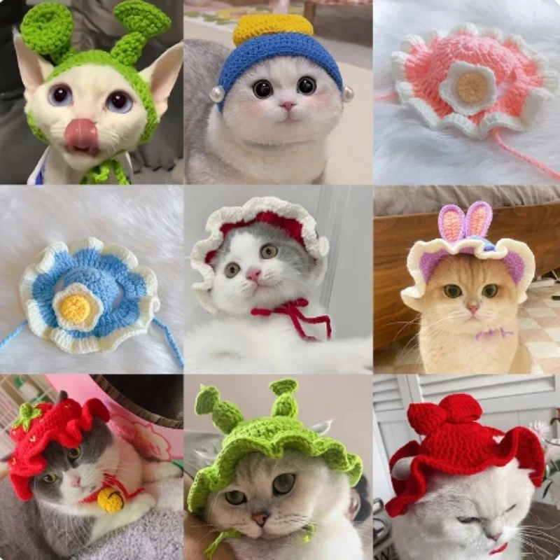 Nette Katze Hut Lustige Haustiere Party Cosplay Kopfbedeckung Zarte Säumen Anhänger Dekor Elastizität Gestrickte Hut Haustier Zubehör Image