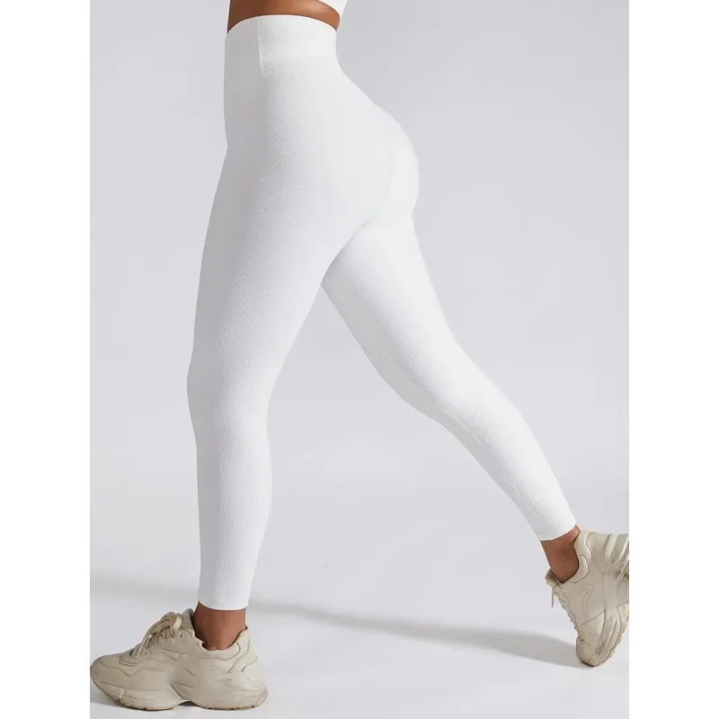 Hohe Taille Yoga Hosen Frauen Nahtlose Sport Hosen Rippen Gestrickte Fitness Leggings Solide Weiß Laufhose Quick Dry Gym Leggins Image