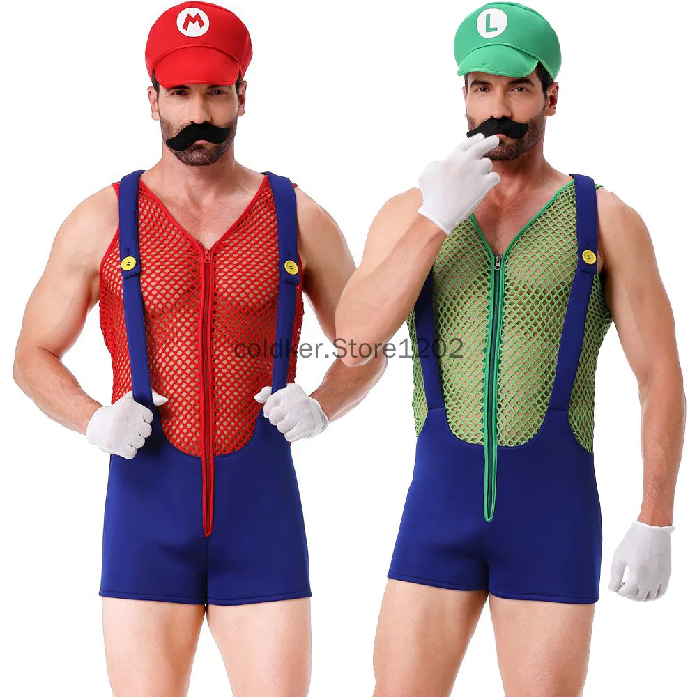 Halloween Erwachsenen Anime Cosplay Kostüm mit Hut Männer sexy Kostüm rot blau Klempner Bruder Phantasie Set Karneval Party verkleiden Image