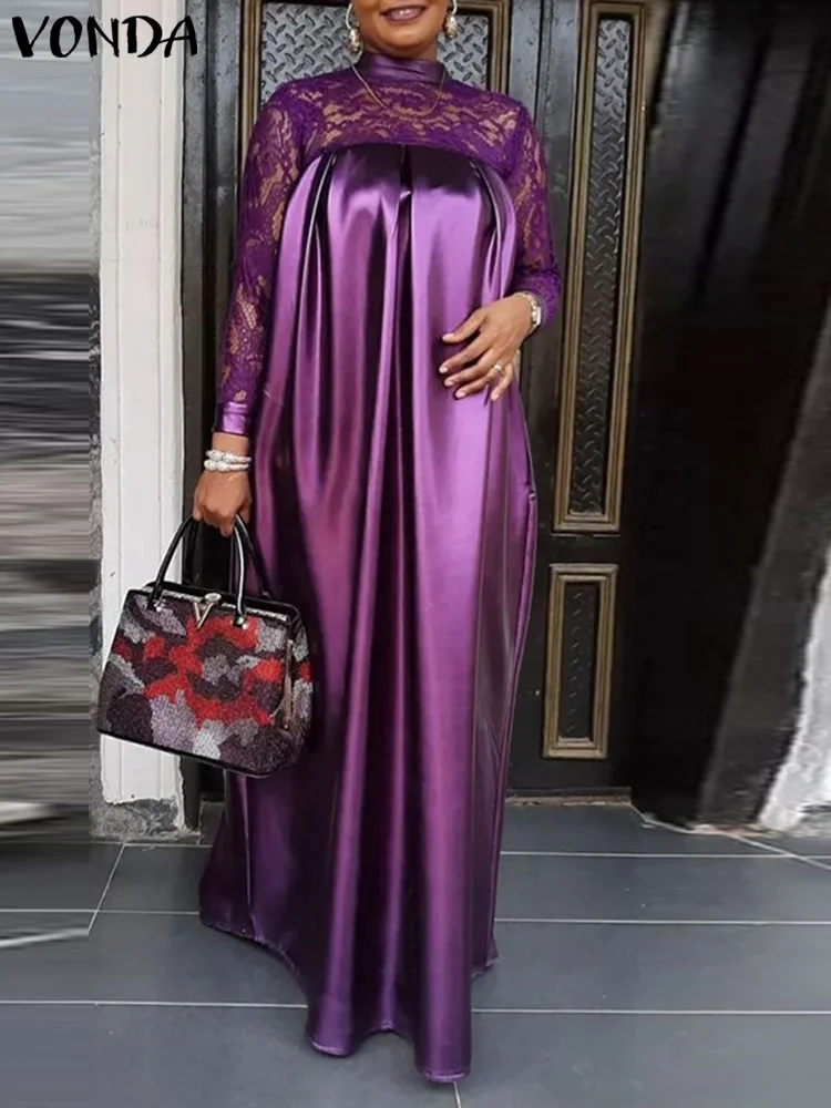 Plus Größe 5XL VONDA Elegante Frauen Spitze Patchwork Satin Maxi Kleid Herbst Langarm Stehkragen Lange Kleider Casual Party Robe