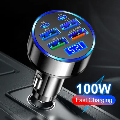 USB 100W 6 Ports Car Charger Fast Charging QC3.0 Type C Car Phone Charger Power Adapter in Car For iPhone Samsung Huawei Xiaomi