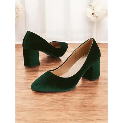 Women's Elegant Green Velvet Block Heel Pumps - Pointed Toe Dress Shoes for Office, Parties, and Formal Events