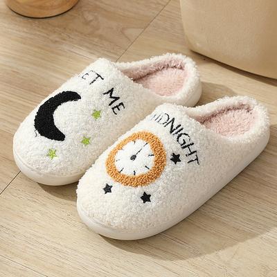 Winter Moon Clock Face Cotton Slippers Warm, Non-Slip Indoor Home Slippers for Women