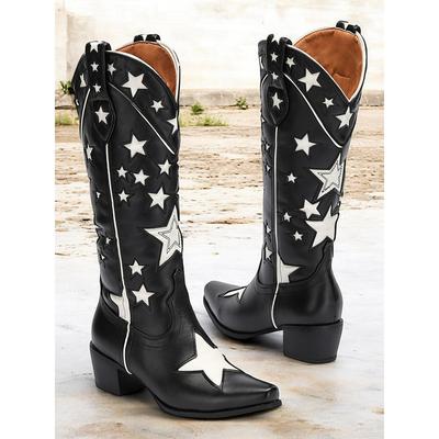 Women's Black Star-Patterned Western Cowboy Boots with White Contrast Embellishments – Stylish Faux Leather Boots for Rodeo, Country, and Casual Wear