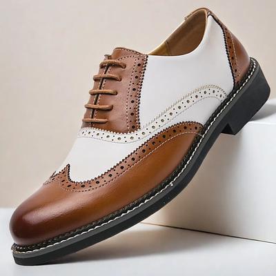 Men's Brown and White Oxford Shoes – Classic Brogue Design with Lace-Up Closure, Faux Leather Upper for Formal Events and Business Casual Wear