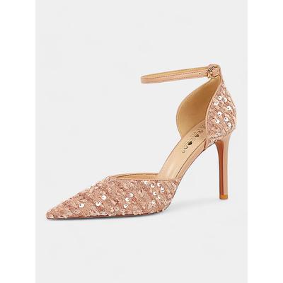 Women's Rose Gold Sequin Pointed-Toe Stiletto Heels with Ankle Strap – Glamorous Party Pumps for Weddings and Special Events