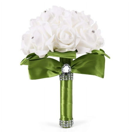 Beautiful Wedding Bouquet Bridal Bridesmaid Flower wedding bouquet artificial flower bouquet white bridal bouquets-Green Ribbon