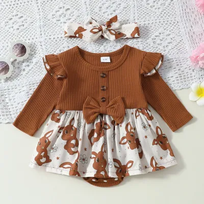 Newborn Baby Girl Romper Dress Bunny Flower Print Ribbed Ruffle Long Sleeve Bodysuit