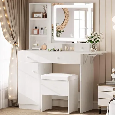 Vanity Desk with Drawers & LED Lighted Mirror & Power Outlet & Cabinet, Storage Stool, Stylish