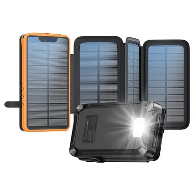 20000mAh power bank with 4 folding solar panels, dual USB outputs, built-in flashlight, suitable for