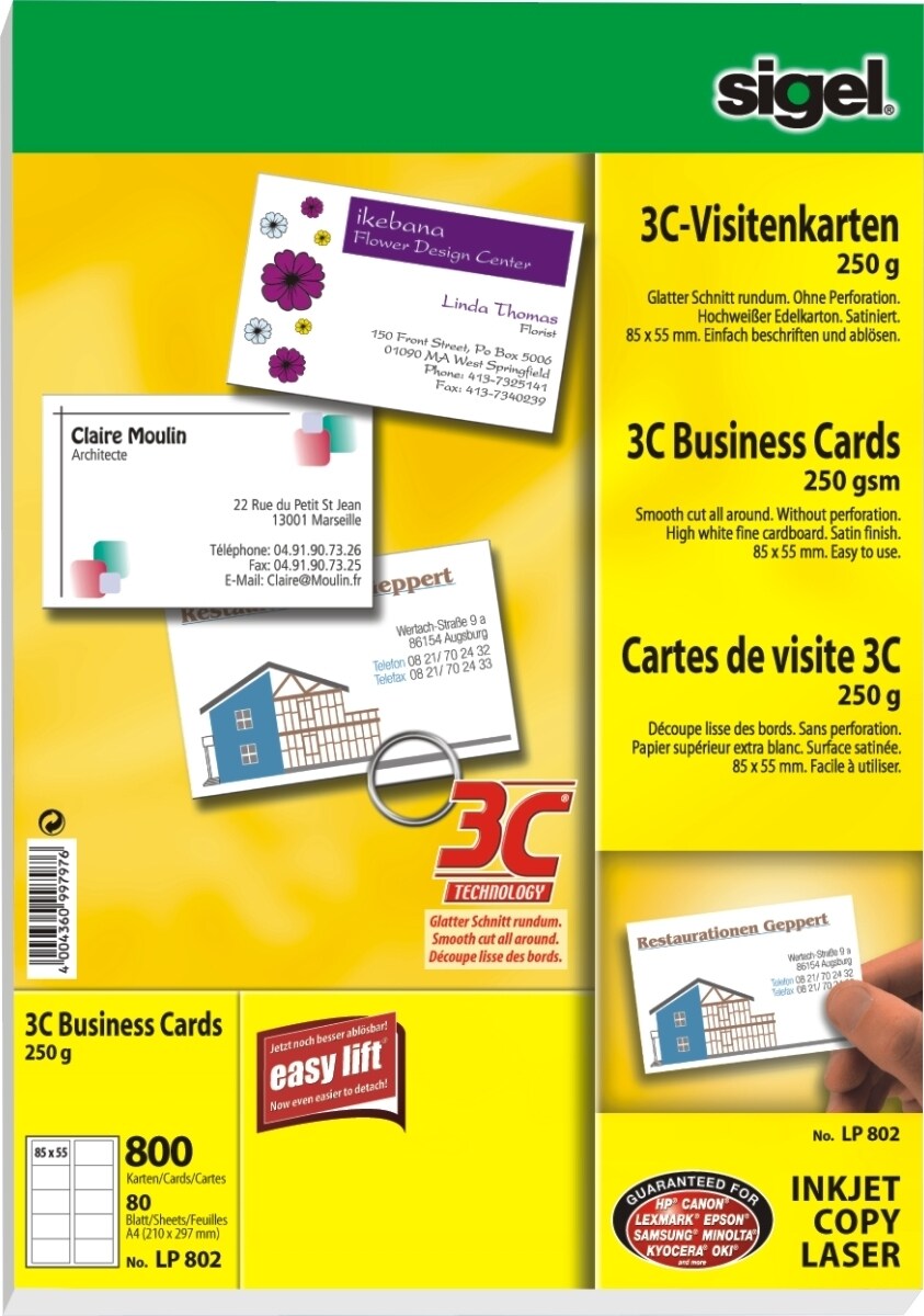 Sigel Visitenkarten 3C Ink/Laser/Copy 250g/qm hochweiß VE=800 Stück Image