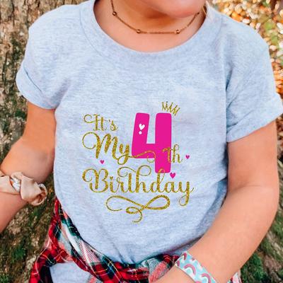 TEMU It's My 4th Birthday Print Tee, Girls' Casual & Trendy Crew Neck Short Sleeve Cotton T-shirt For Spring & Summer, Girls' Clothes For Outdoor Activities & Birthday