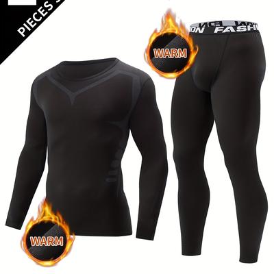 TEMU 2 Pcs Men's Thermal Compression Base Layer Set - Moisture-wicking & Breathable Basic Long Sleeve & Letter Belt Leggings - Perfect For Running And Fitness